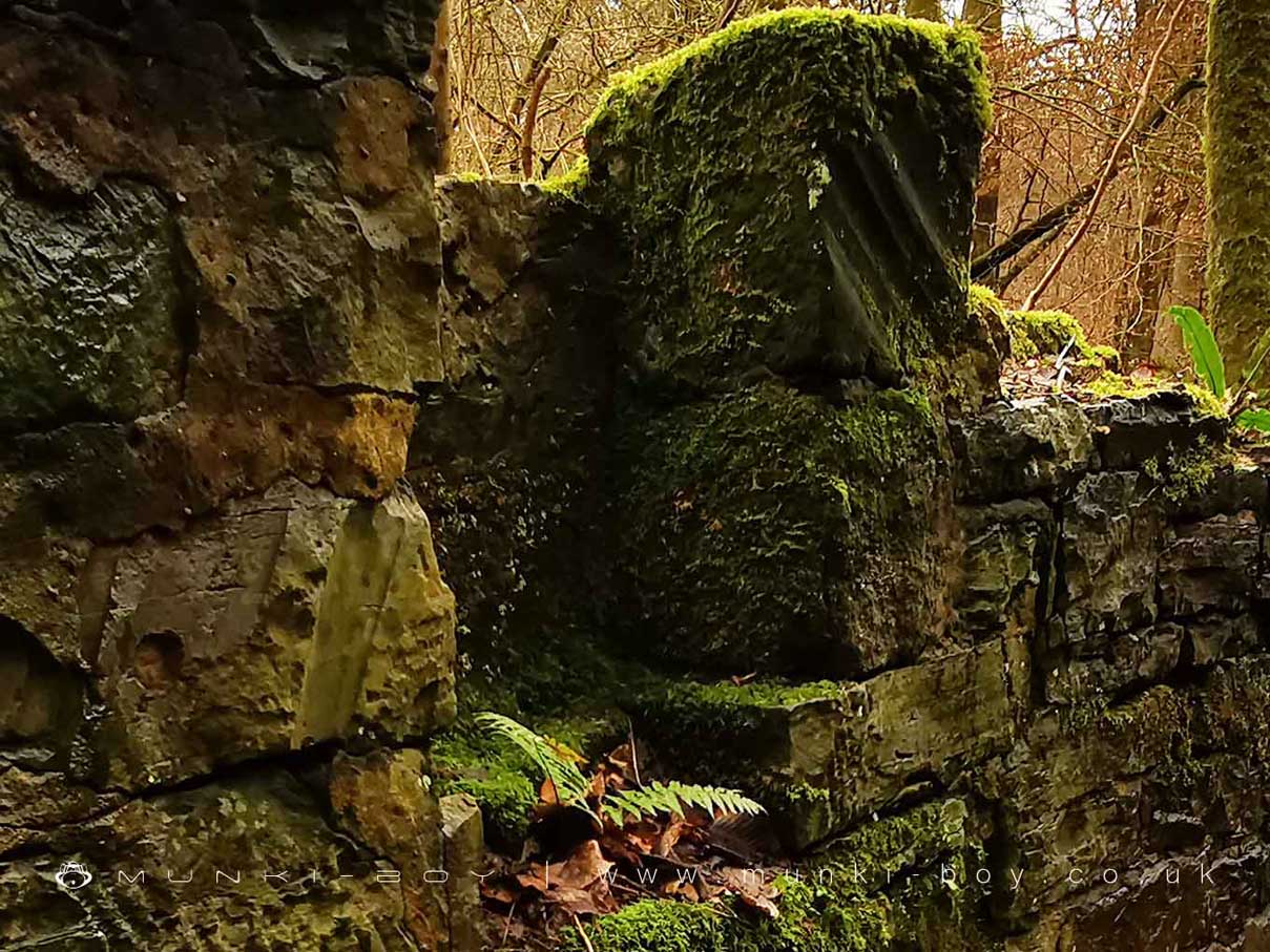 Waterwheel grooved stones showing inconsistent angles - this is not the original wheel pit configuration
